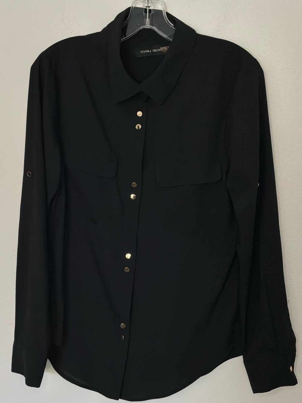 Ivanka Trump Black Utility Button Front Blouse | Gold Tone Hardware | Small